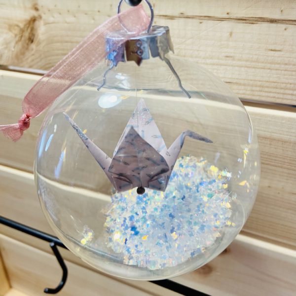 Boule de Noël Origami - Rose et bleu pastels paillettes irisées